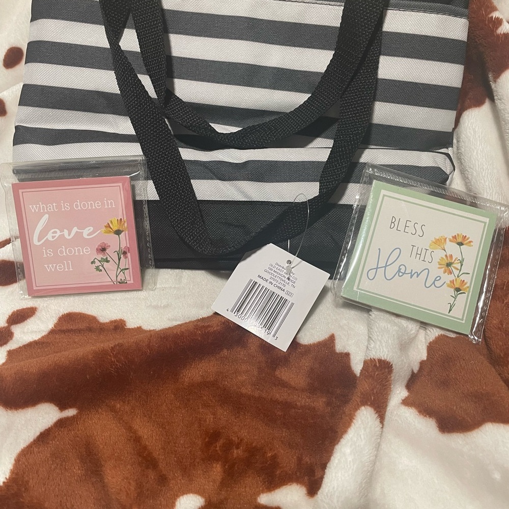 Striped Insulated Tote Bag with Inspirational fridge magnets